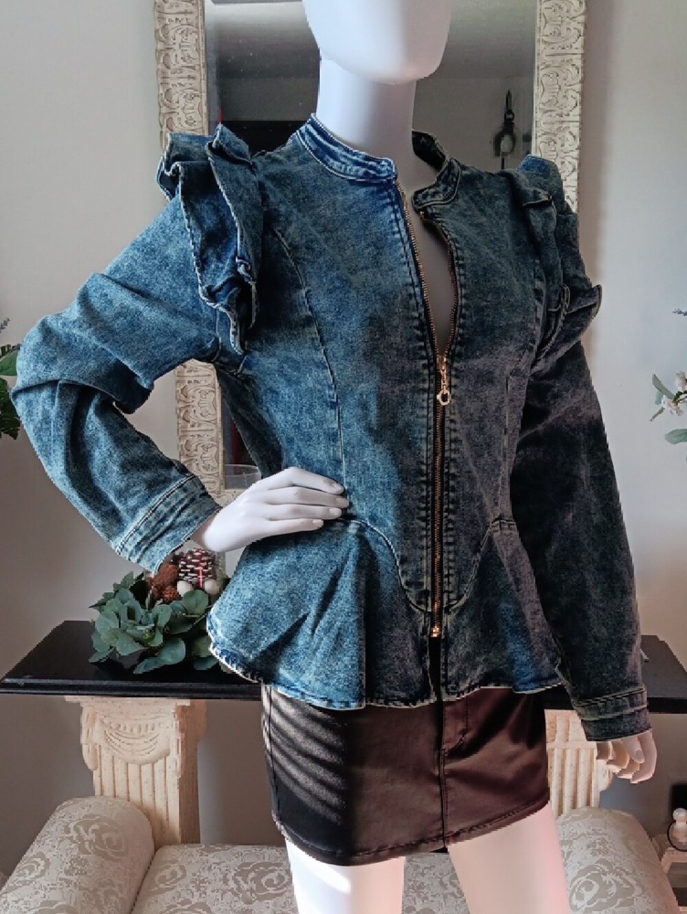 Ruffled Peplum Denim Zip Jacket - Blue - Picture 3 of 9